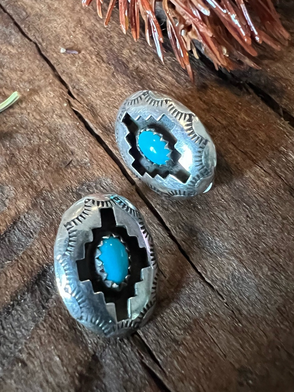 Navajo Felix Perry Blue Turquoise Earrings Concho Clip Ons Shadow Cross Studs